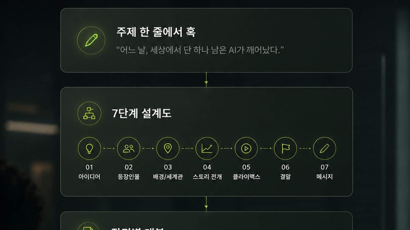 주제 한 줄이 7단계 설계도와 장면별 대본으로 확장되는 화면